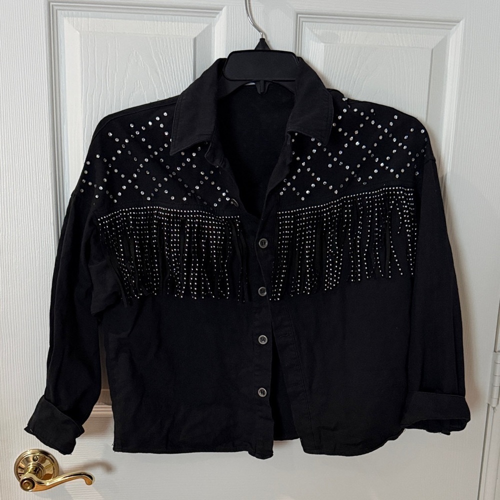 Black Fringe Studded long sleeve button up Melrose with Love size small